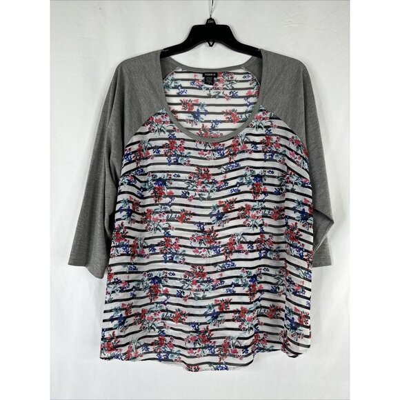 Torrid Striped Floral Top Womens Plus Size 3 Sheer 3/4 Sleeve - Picture 1 of 14